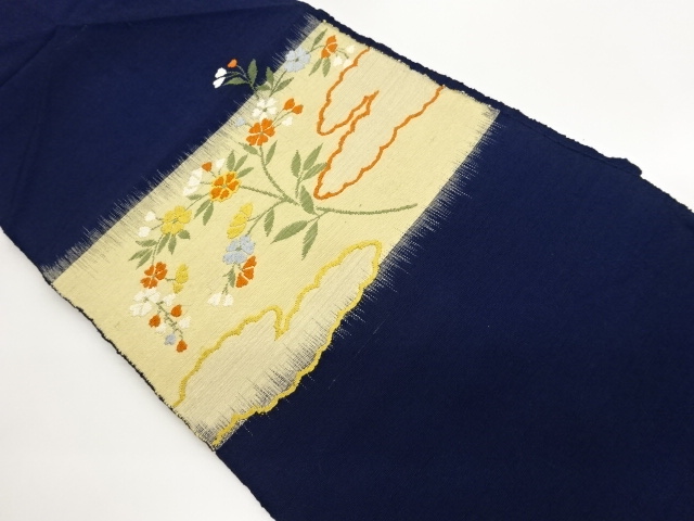 手織り紬横段に雲・花葉模様織出し名古屋帯